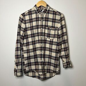 TOPMAN Long Sleeve Mens Casual Button Down Shirt Small (S) Plaid Tan Blue Red